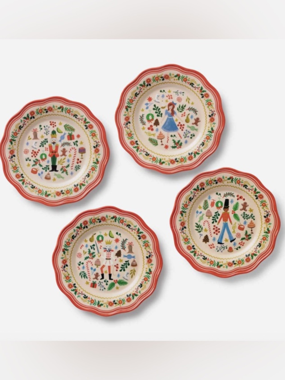 Rifle Paper Co. Holly Jolly Nutcracker Melamine dessert plates 4 NO nutcracker